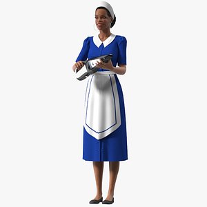 3D Light Skin Black Maid with Handheld Vacuum Cleaner Rigged for Modo model