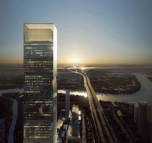 Tall Office Tower With Highway River View 3D model