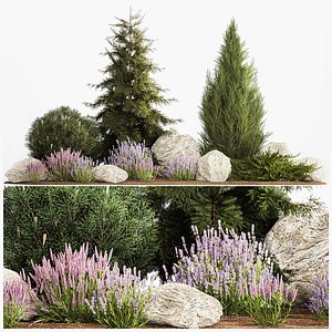 3D Alpine slide with thuja spruce lavender bushes and stones 1195 model