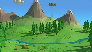 Cartoon low poly landscape scene
