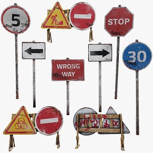 Game-ready Street Signs Collection post-apocalyptic dirty painted rusty soiled muddy low poly