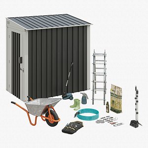 Garden shed with a set of tools 3D model