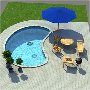Pool  with garden furniture 3D