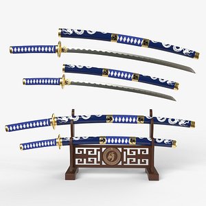 3D Blue Double Bladed Katana Wakizashi and Stand model