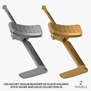 3D Ice Hockey Goalie Blocker 02 Glove Holding Stick Silver and Gold Collection 01 - 2 models