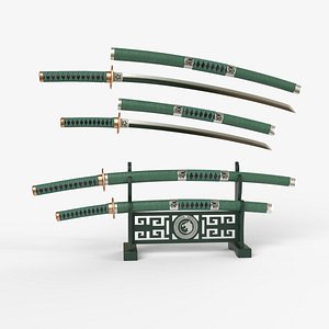 3D Green Double Bladed Katana Wakizashi and Stand