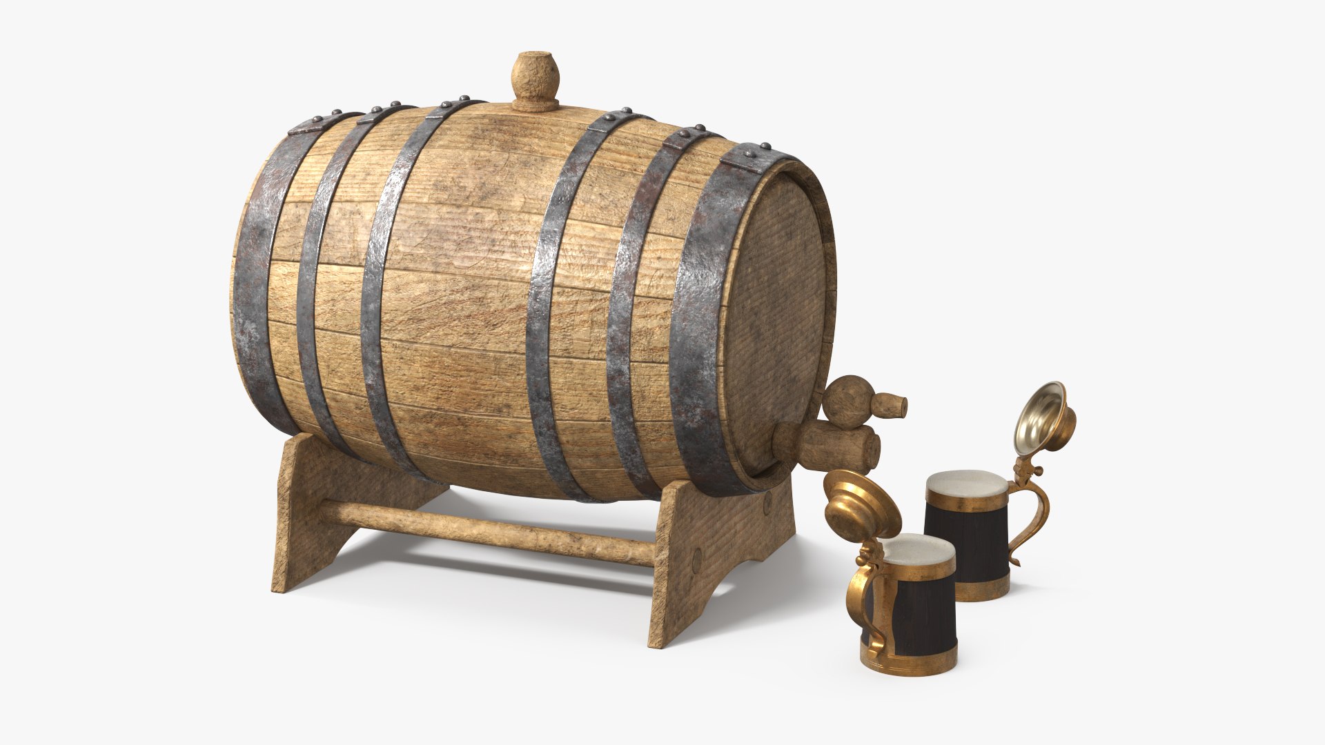 Vintage Wooden Barrel with Full Beer Mugs 3D model preview
