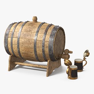 3D model Vintage Wooden Barrel with Full Beer Mugs