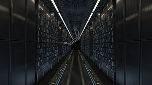 Futuristic sci-fi Server Room with robotic arms. Animated 3d model