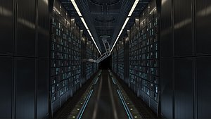 Futuristic sci-fi Server Room with robotic arms. Animated 3d model