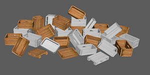 Set wooden boxes of different heights and pallets