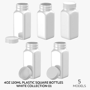 4oz 120ml Plastic Square Bottles White Collection 01 - 5 models 3D model