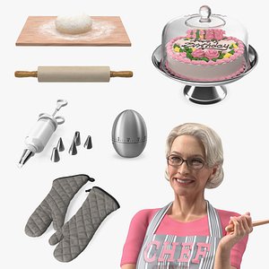 3D model Elderly Woman with Cake Preparings Collection 2