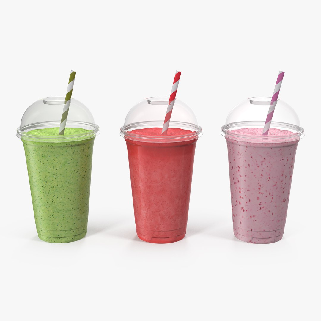 Various Fresh Fruits Coctails in Plastic Cup with Straw 3D Model 3D model preview