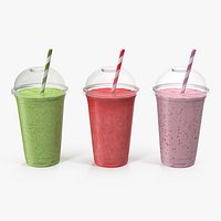 Various Fresh Fruits Coctails in Plastic Cup with Straw 3D Model