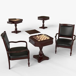 3D Dark Chess and Pedestal Game Table and Chairs
