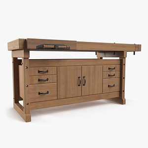 Oak Workbench with Drawers and Cabinet 3D model