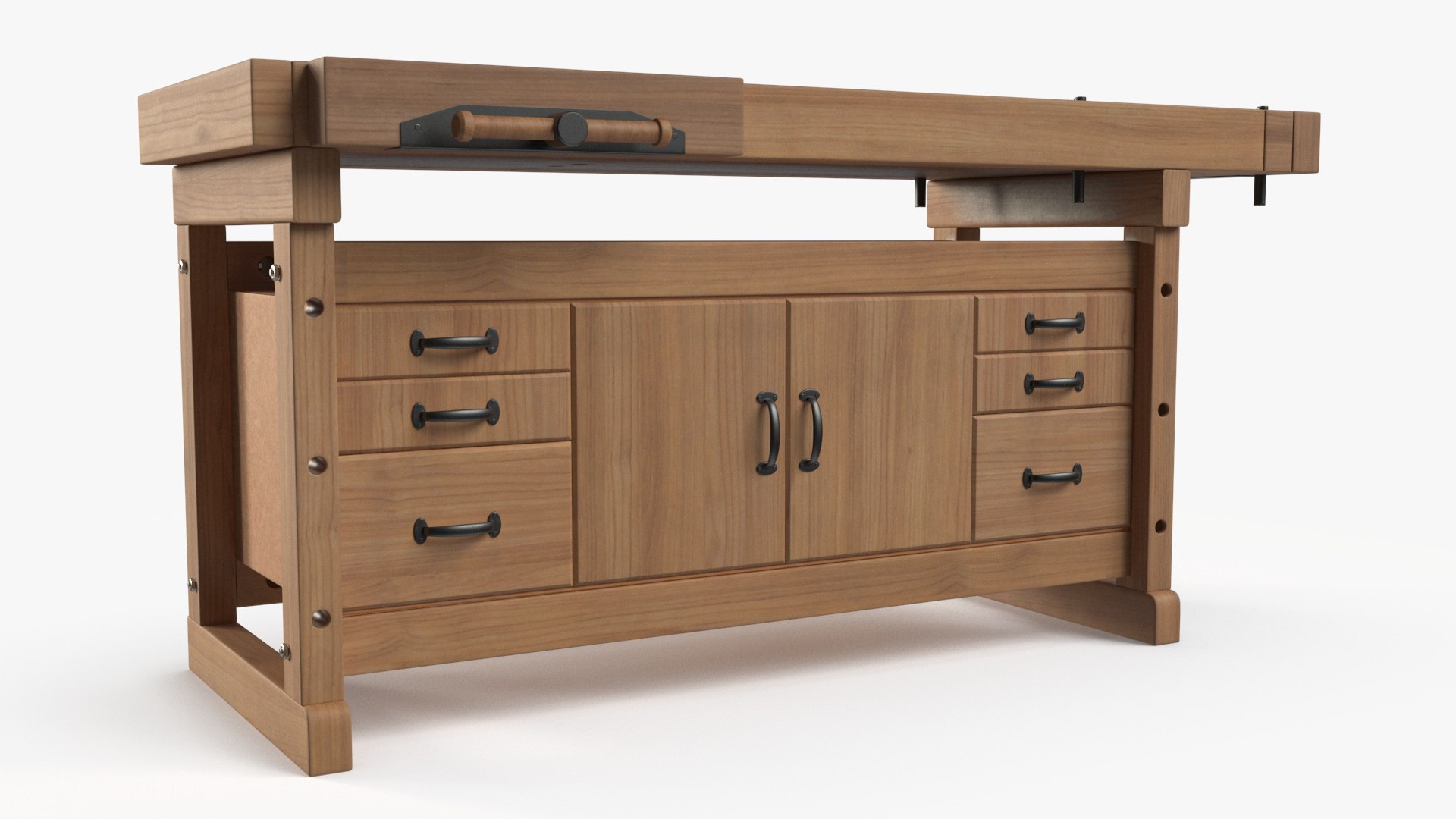 Oak Workbench with Drawers and Cabinet 3D model preview