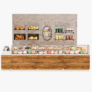 Shop with a showcase with desserts and meat products model