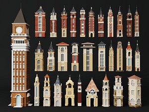 Classic Clock Tower and European Building Collection 3D model