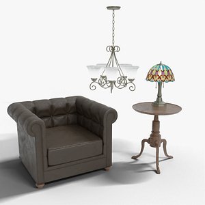 Old Living Room Set - Leather Armchair Side Table with Lamp and Chandelier