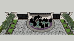 Villa Entrance Garden Design with Compound Wall and Gate 3D model