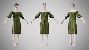 Dress 16 Olive Green Velvet With Design 3D model