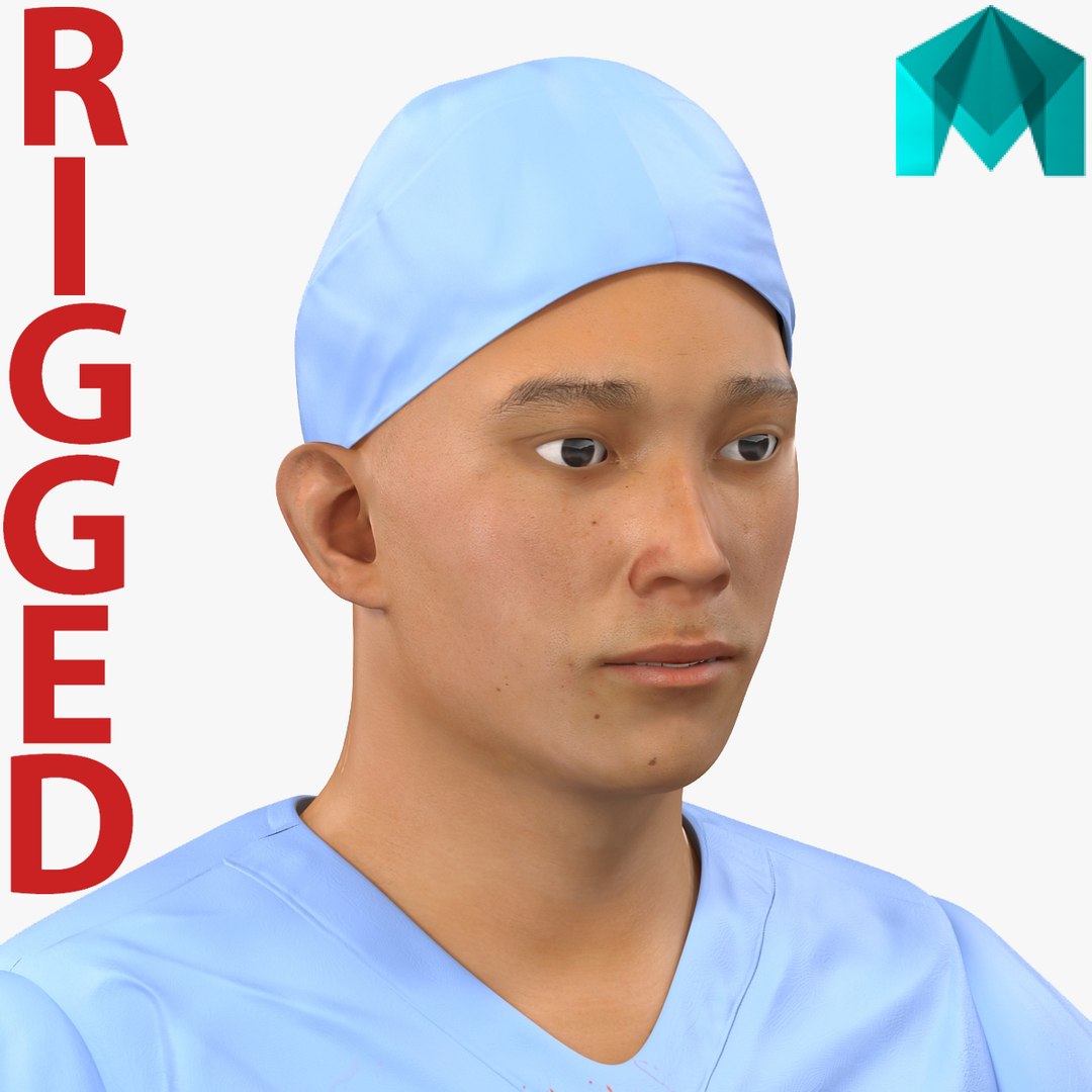 Male Surgeon Asian Rigged with Blood 2 for Maya 3D model preview
