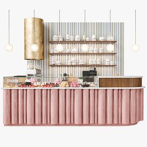 Design of a cafe in a shopping center with a display case with desserts 3D