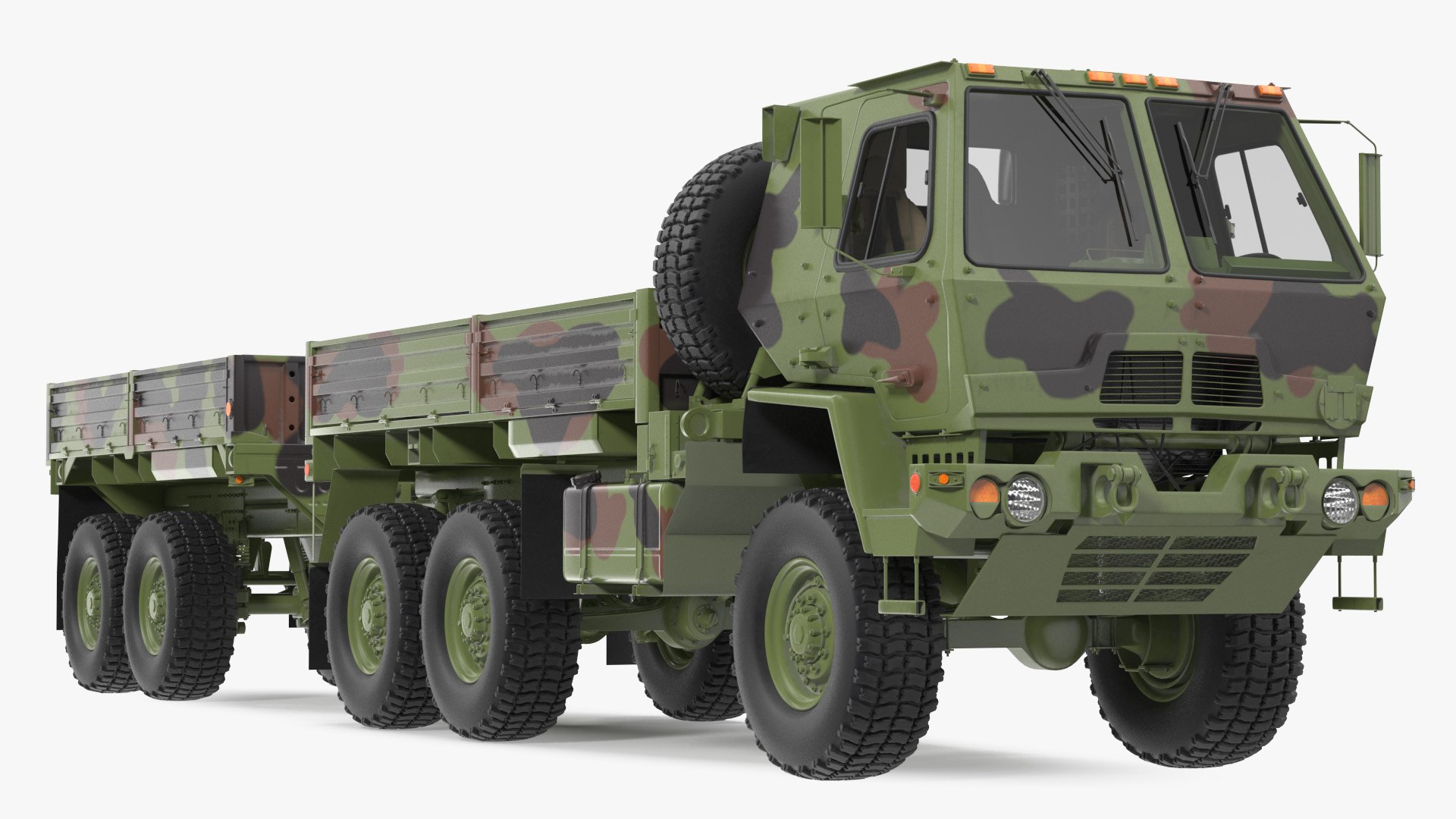 Oshkosh FMTV Camouflage Cargo Truck 6x6 with Drop Side Trailer M1092 Camouflage 3D model preview