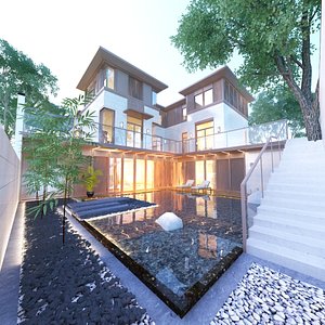 3D Summer Cottage with Pond Patio and Interior