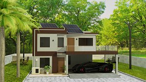 Modern house with solar panels and storage batteries