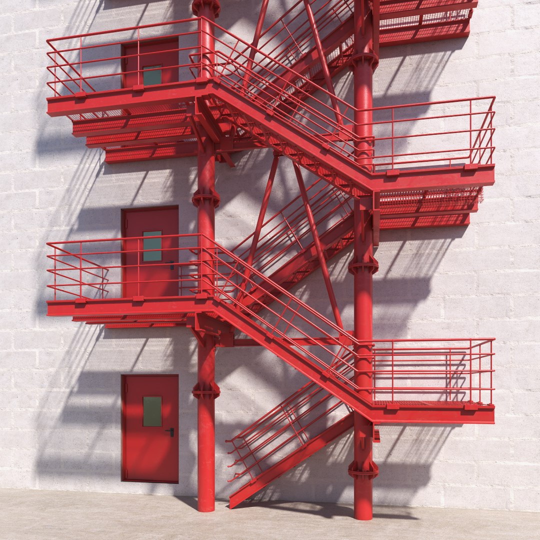 Fire Escape Red with Concrete Wall of House 3D model preview