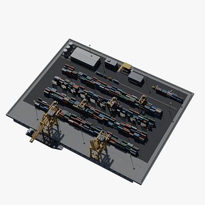 Container Port Terminal with Cranes and Stack Yard and Barge