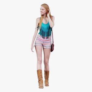 3D Casual Woman in Boots Colorfull Shorts and Green Top Walking Remastered model