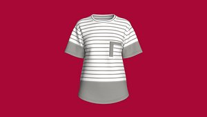 3D Girls Double-Layer Pocket Striped Tee model