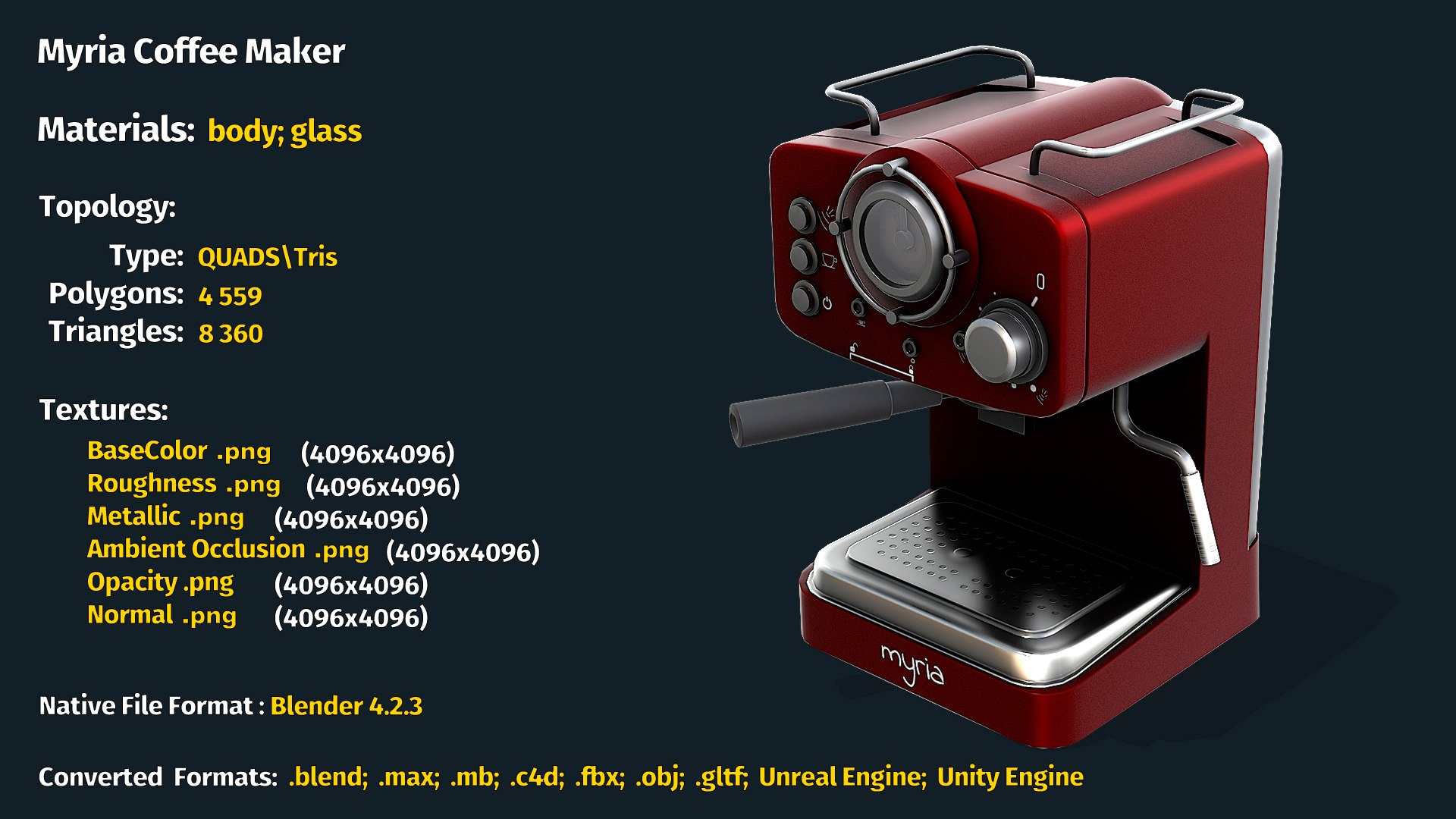 Myria Coffee Maker 3D https://p.turbosquid.com/ts-thumb/D2/gB5ckQ/eB/info/jpg/1736802208/1920x1080/fit_q87/f0bcd5868637108aa736a677c3d856c2f60c9827/info.jpg