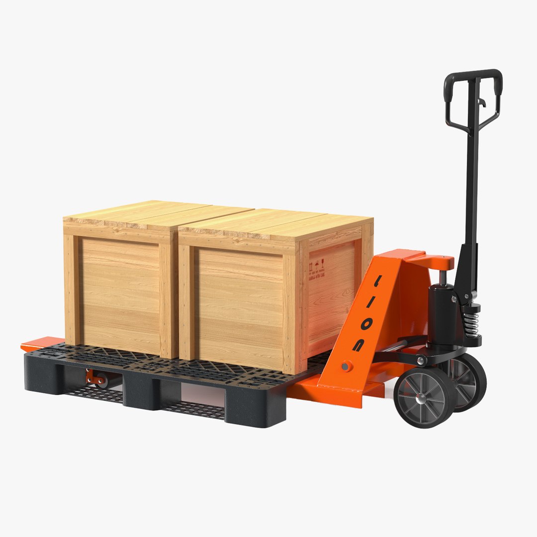Lion Premium Pallet Jack Rigged with Wooden Crates Rigged for Maya 3D model preview