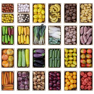 Big pack of vegetables and fruits in wooden boxes
