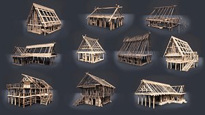 3D Wooden House Frames and Huts Under Construction