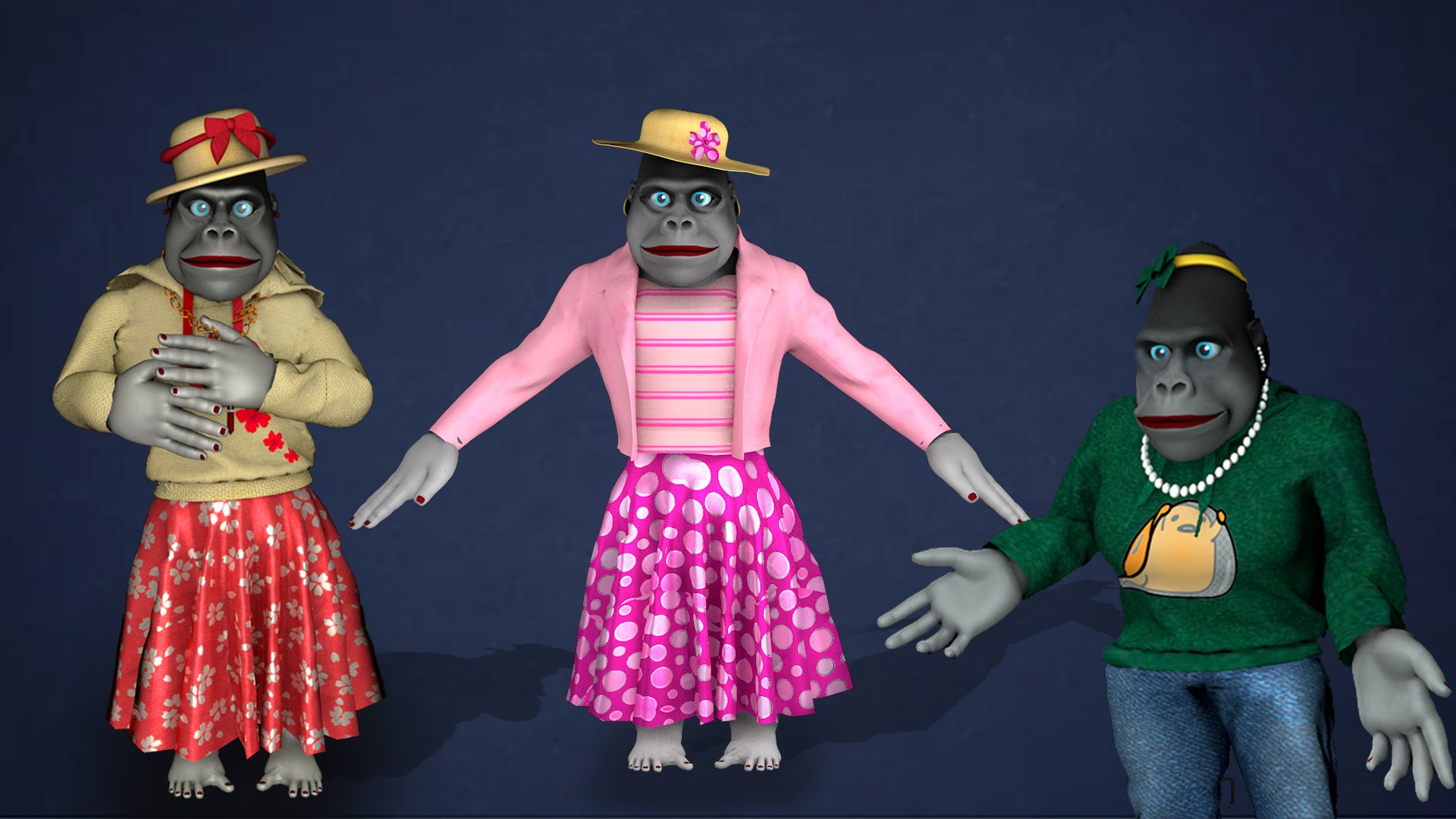 Humanoid Gorilla Characters Male Female 3D model https://p.turbosquid.com/ts-thumb/D8/3d1uaY/0T/allgirls/png/1643018216/1920x1080/fit_q87/775b802e3fb1d64d8149adb636f8222c9981b41e/allgirls.jpg