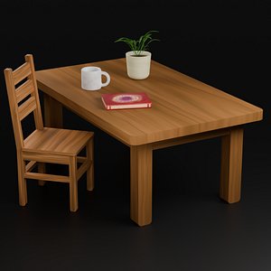 3D Stylized Wooden Table and Chair Game Ready