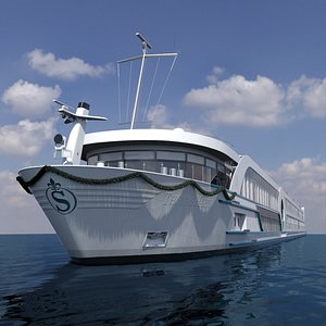 River Cruise Ship with Panoramic Cabins White on Water 3D model
