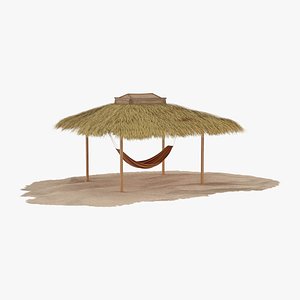 Hammock Canopy with Wooden Poles and Grass Roof Brown 3D model