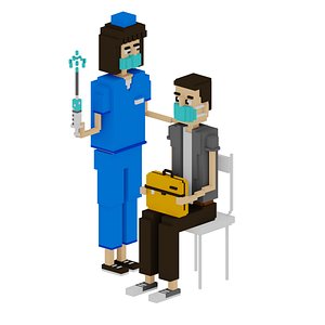 Vaccination cartoon characters 8 bit voxel art
