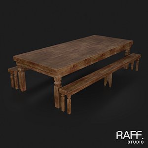 Rustic Table with 2 Benches - Dark Wood Variant 3D model