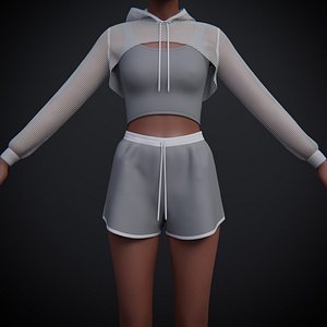 Fitness Shorts and Tank top with Net Cropped Hoodie 2 piece Outfit model