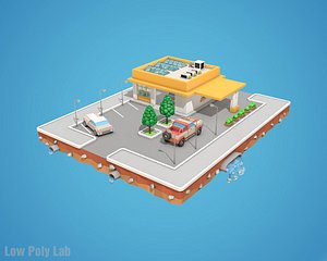 Cartoon Car Service Low Poly Building