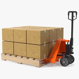 Pallet Jack with Wooden Pallet and Boxes 3D model