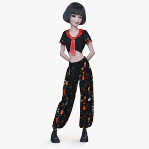 3D Cartoon Girl Asian Casual Standing Smiling model